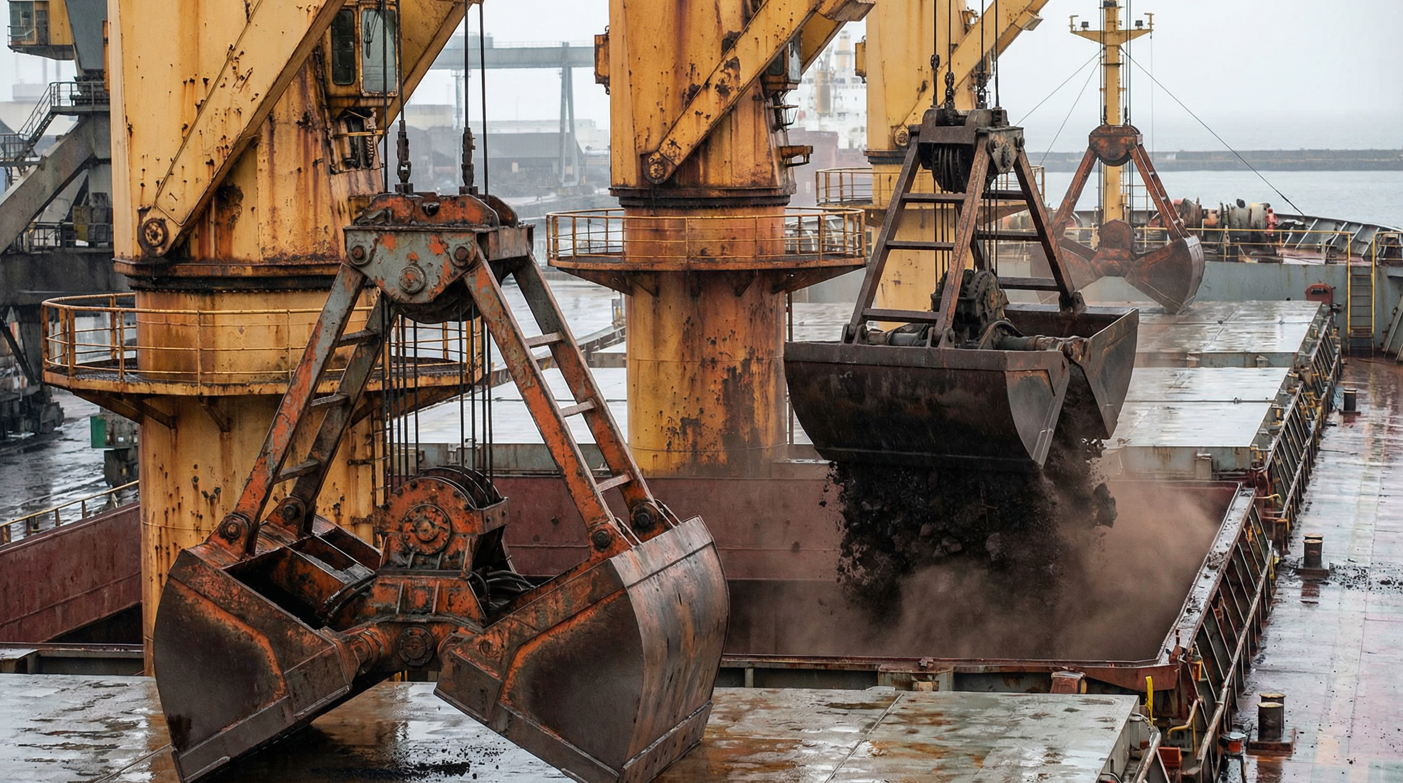 Industrial cranes handling ore